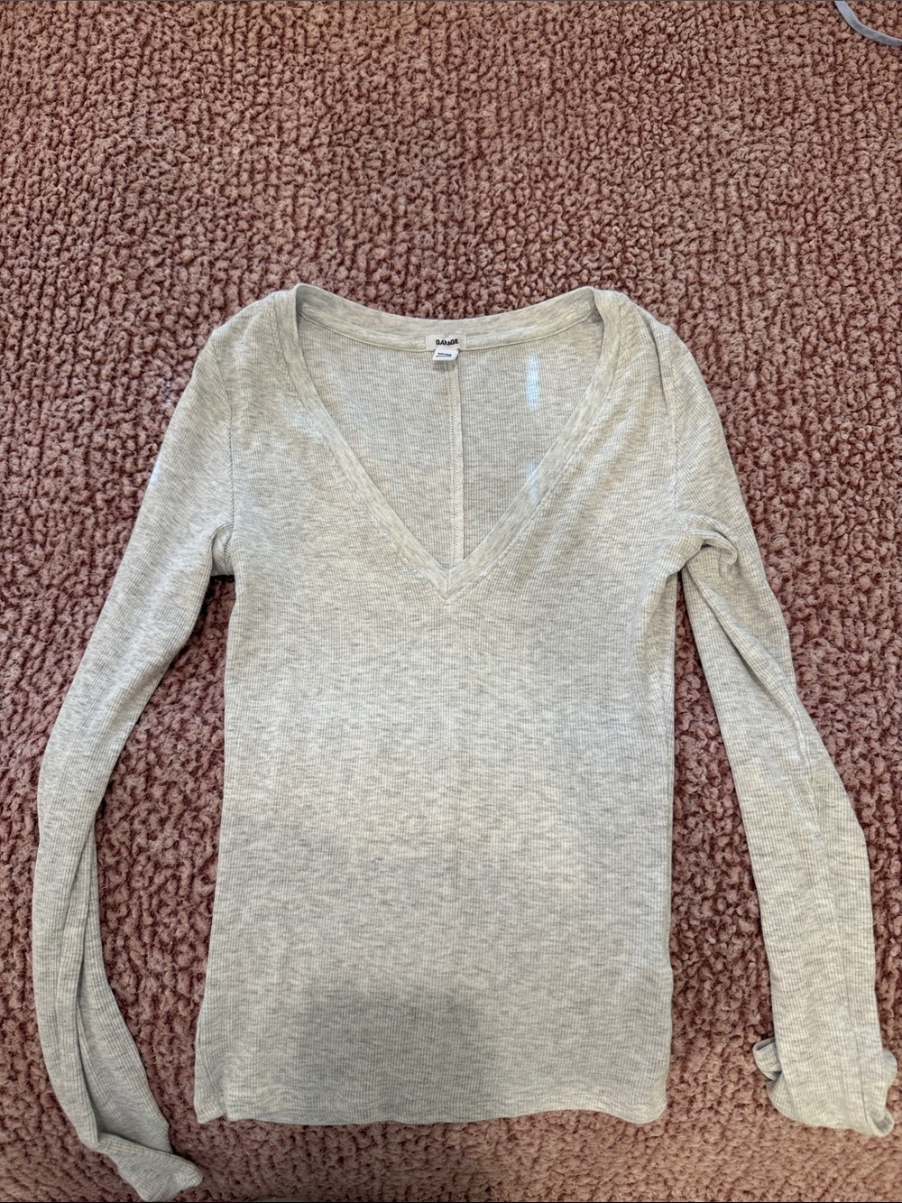 Garage Light Gray V-Neck Ribbed Long-Sleeve Top